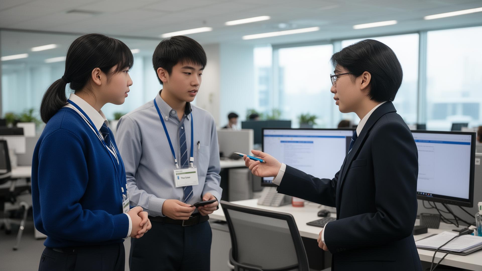 Student on a job shadow in a modern office